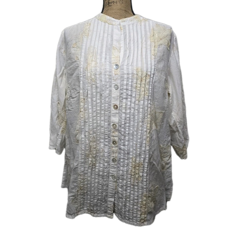 Anii Womens Shirt White Floral Emvroidered Button Up Breathable 100% Cotton
